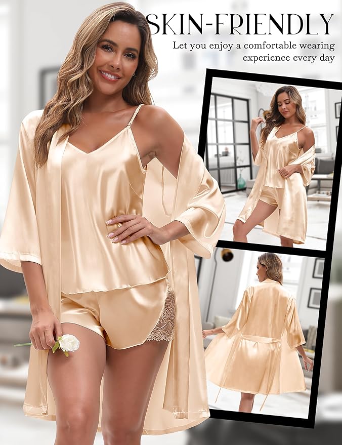 EPLAZA 3 Pcs Silk Pajamas for Women Satin Pajama Set Sexy Lace V-neck Cami Top Shorts Pjs Set with Robe Sleepwear
