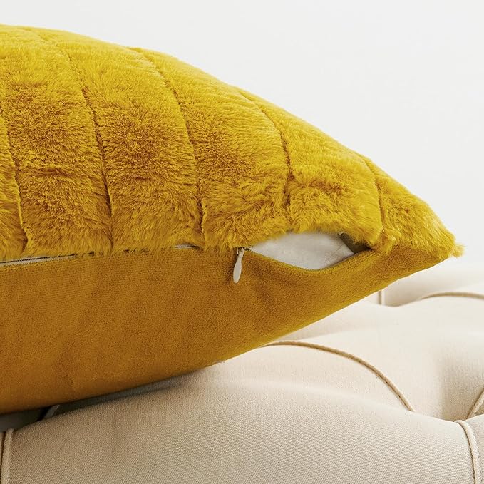 Striped Throw Blanket and Pillow Covers Set (No Inserts) for Couch and Bed, Plush Warm Lightweight Fuzzy Faux Fur Blanket for All Seasons (60" x 80", Mustard Yellow)