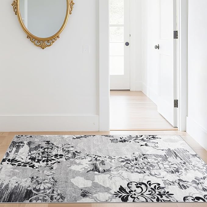 CRYPTOLITE Abstract Area Rug Washable Rug with Non-Slip Backing Low Pile Area Rugs for Living Room, Bedroom, Dining Room,4x6, Grey