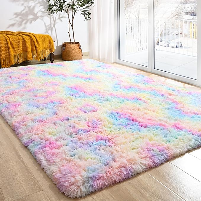 Softlife Area Rug for Living Room, Fluffy Shag Plush 6x9 Rainbow Rugs for Bedroom Girls Kids, Shaggy Soft Fuzzy Tie Dyed Large Carpet for Dorm Bedside Ultra Cozy Non-Slip Indoor Decor