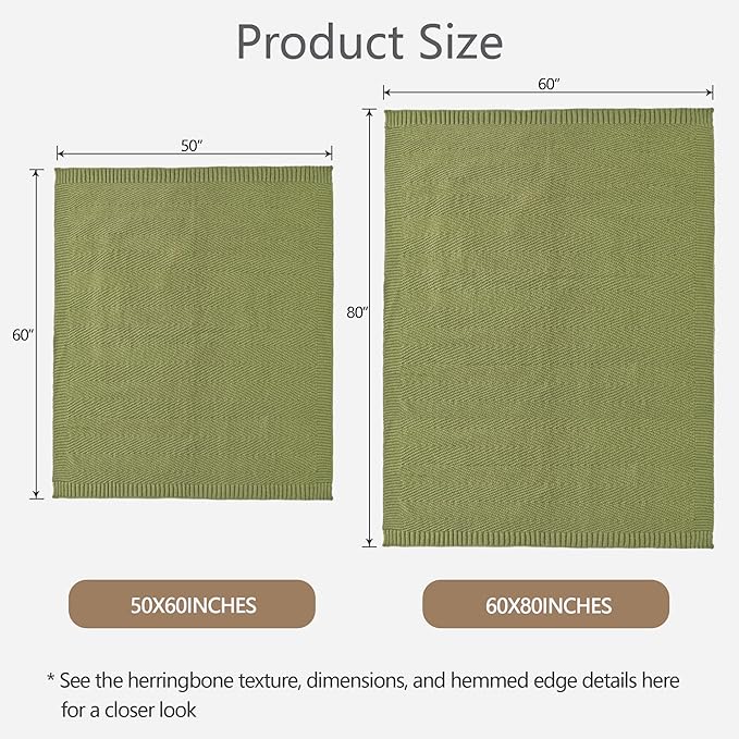 Knitted Throw Blanket 50"X60", Olive Green Knit Throws for Bed, Super Soft Boho Chevron Blankets for Couch Sofa Chair Room Decor, Textured Decorative Farmhouse Cozy Lightweight