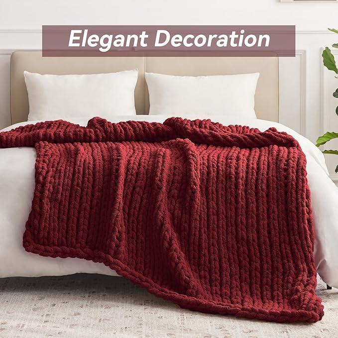 Negwoo Chunky Knit Throw Blanket, 30''*40'' Knitted Throw Chenille Yarn for Bed Couch, Handmade Red Crochet Big Thick Blanket, Machine Washable Cute Comfy Blanket for Home Decor