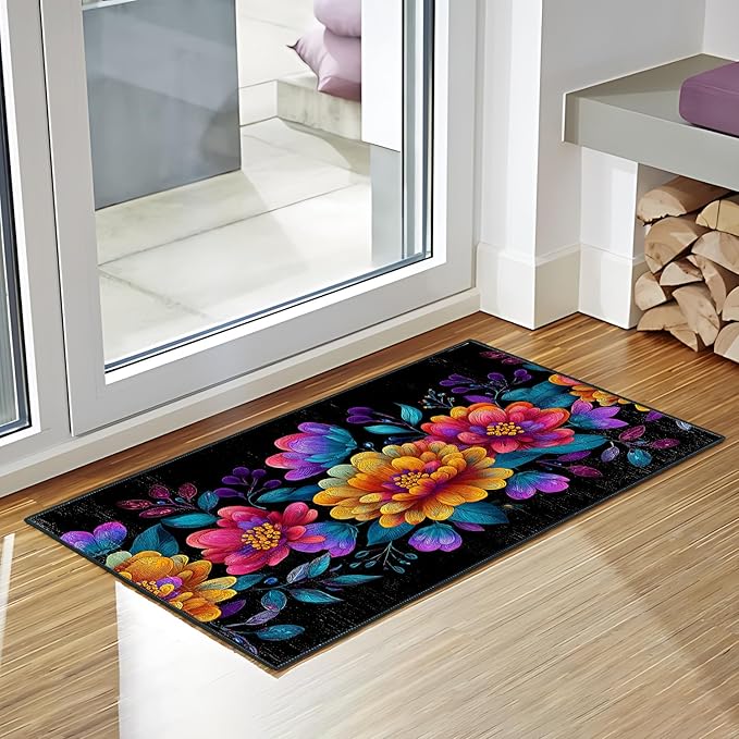 Flower Area Rug 2x3 ft Entry Rug Washable Boho Rugs Non Slip Low Pile Floral Door Mat Small Carpet for Bedroom, Bedside, Kids Room, Office, Dining Room