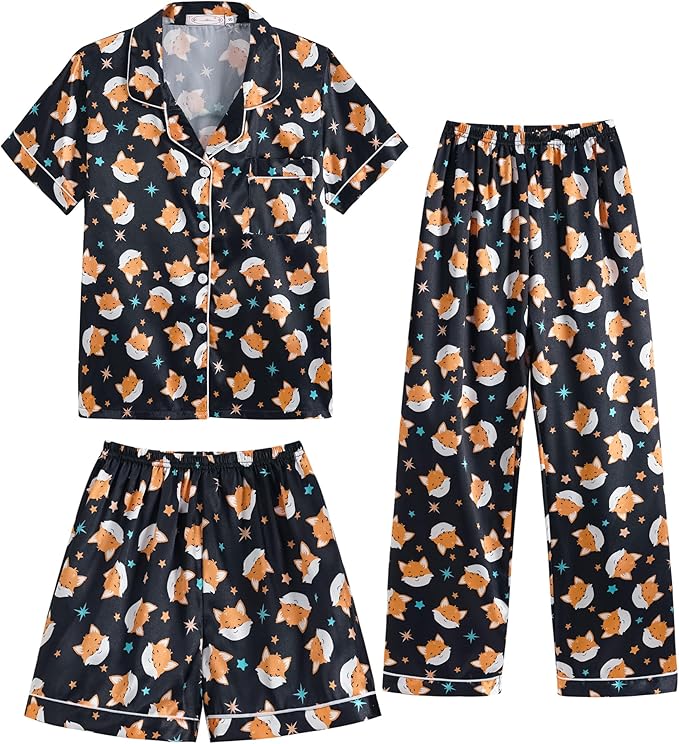 Hupohoi Unisex Girls Boys Kids Pajama Sets Button Down Satin Sleepwear Nighty 3PCS Silky Lounge Sets Nightwear