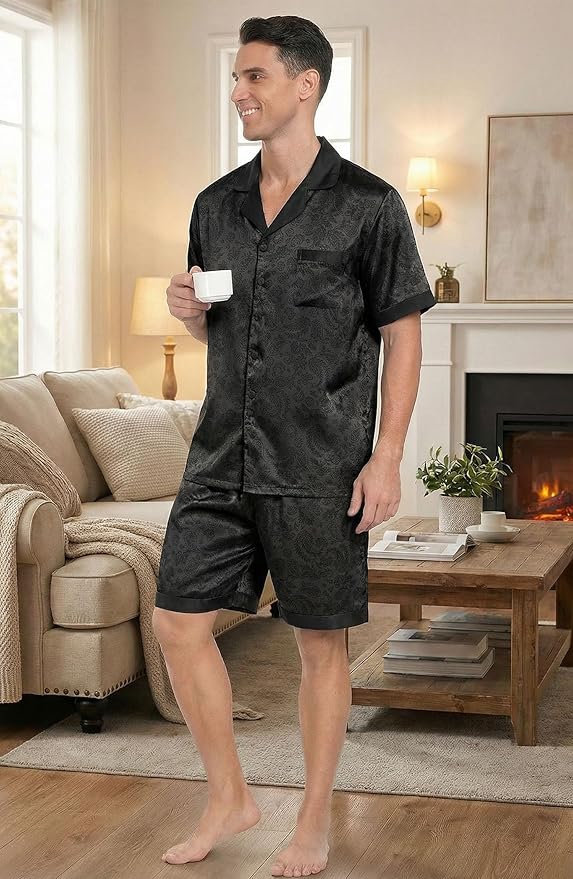Ekouaer Men Satin Silk Pajamas Set with Pockets Sleepwear Shorts Satin Summer Loungewear 2 Piece Button Down Set S-3XL