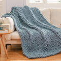 WESHIONGOO Chunky Knit Blanket Throw 51"×63" Knitted Throw Blankets for Couch Bed Fluffy Soft Blanket with Jumbo Chenille Yarn Thick 100% Handmade(Dusty Blue)