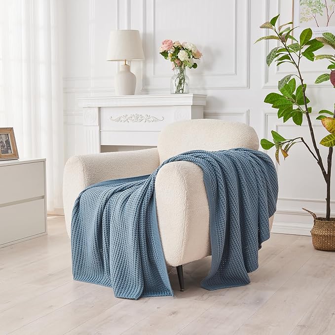 Douceur Blue Throw Blanket for Couch, Soft Chunky Cable Knit Throw Blanket, Classic Fisherman's Rib Stitch Pattern Throw for Living Room, 50"X60"
