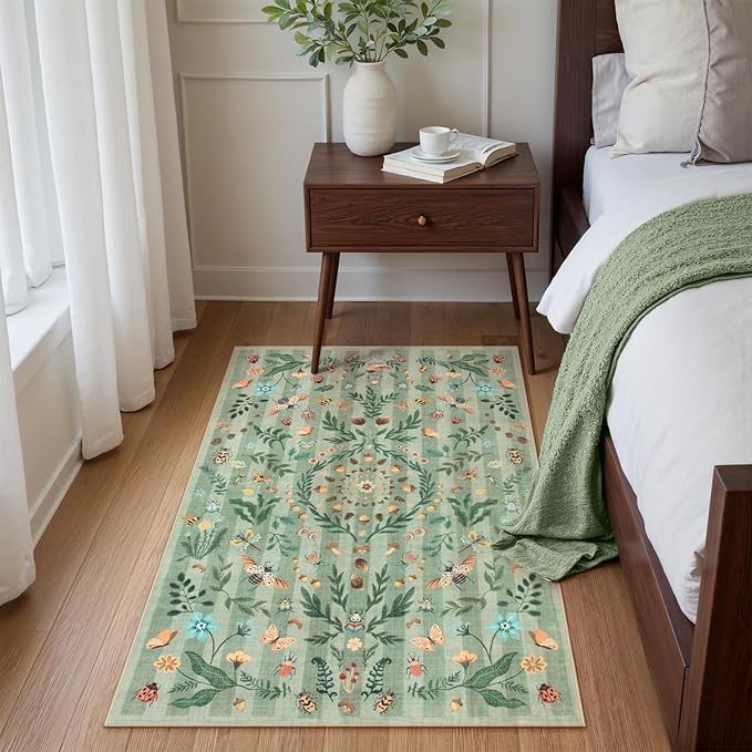 Lahome Chloe Insect Botanical 3x5 Washable Rugs for Entryway Soft Rug for Bedroom, Green Kitchen Rugs Non Slip Washable, Boho Floral Indoor Throw Carpet for Bathroom Laundry Living Room(Green,3x5)