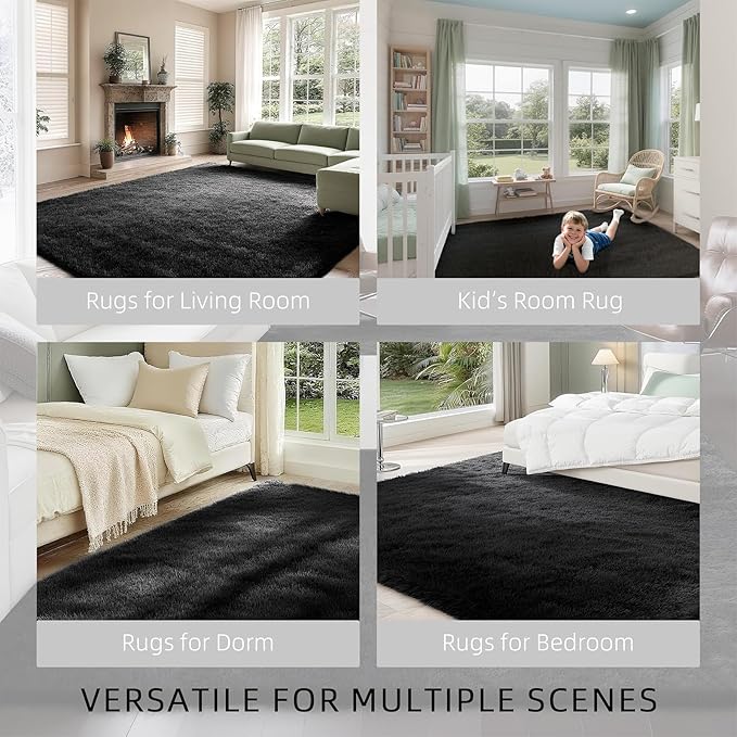 Ultra Soft Shag 8x10 Black Area Rug – 8x10 Rugs for Living Room, Non-Slip, Fluffy Plush Large Carpet, Shaggy Furry Rug for Bedroom, Dorm, Kids and Girls Room, Nursery, Home Office Décor