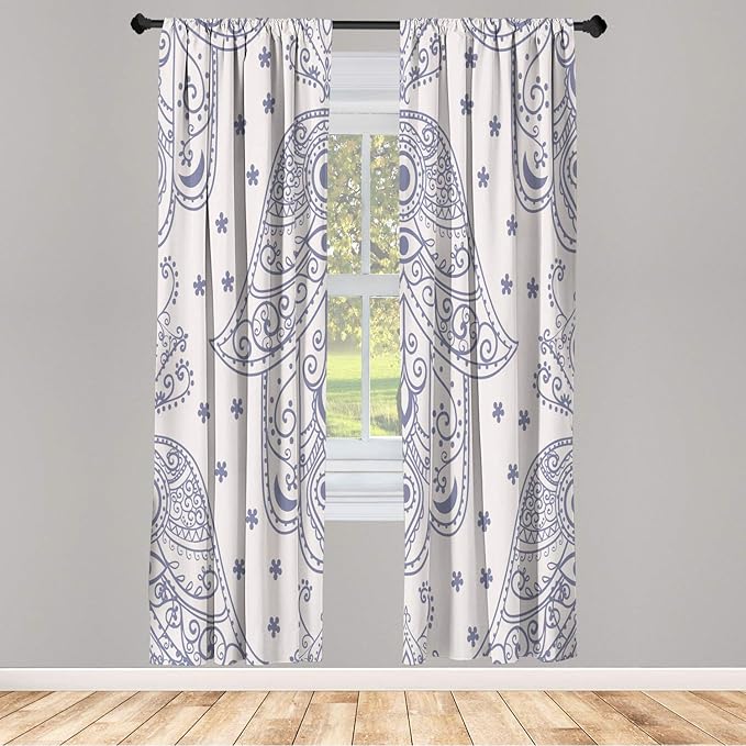 Lunarable Hamsa Window Curtains, Egyptian Boho Hand Shape Pattern Eye Design Bridal Night Inspired Art, Lightweight Decorative 2-Panel Set & Rod Pocket, Pair of - 28" x 63", Grey Pink