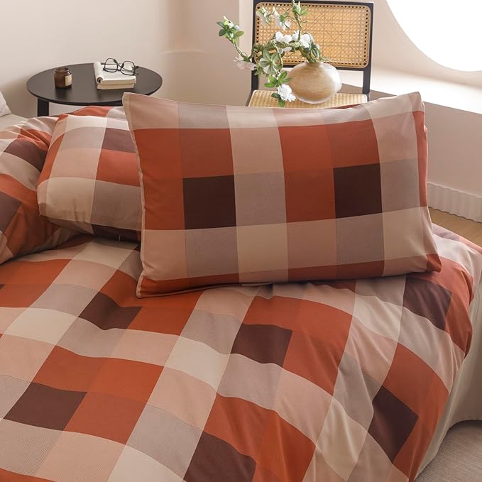 CLOTHKNOW Rust Khaki Plaid Twin Comforter Set Gingham Buffalo Bedding Comforter Sets Checker Comforter Soft Lightweight Fluffy