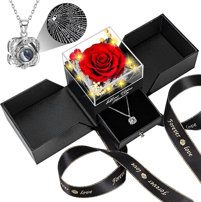 Lebana Preserved Red Real Rose with Heart I Love You Necklace -Mothers Day Gifts for Mom Her Wife Girlfriend Grandma on Valentines Mothers Day Christmas Birthday Anniversary Romantic-Red