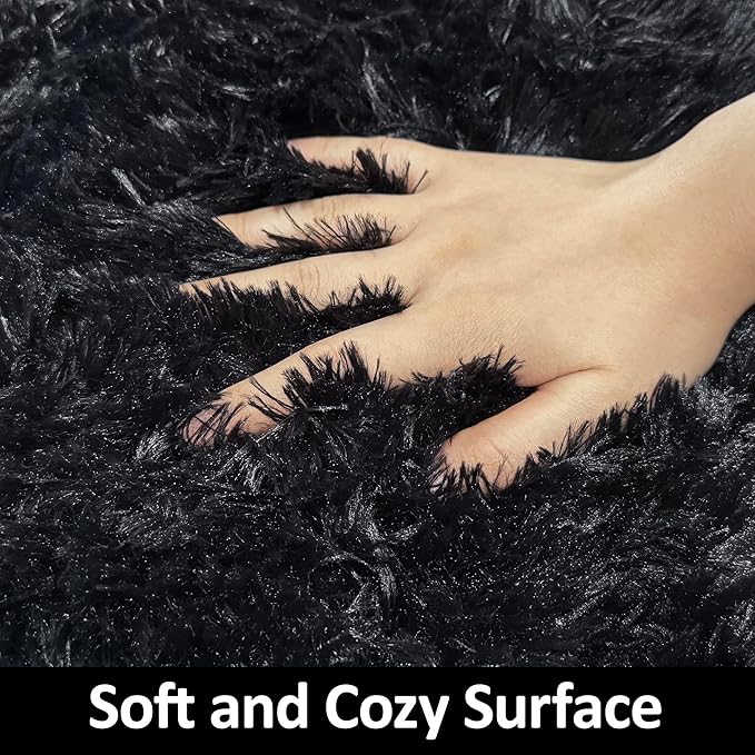 Black Runner Rug for Bedroom 2x6 Fluffy Shaggy Rug Soft Plush Fuzzy Area Rug Bedside Runners for Hallway Kids Nursery Living Room with Non Slip Modern Indoor Decor Carpet