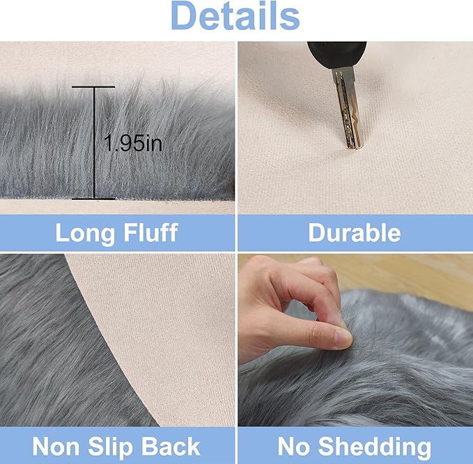 Grey Round Rugs for Bedroom, Fluffy Circle Rug 2 2 Feet for Kids Room, Furry Carpet for Teen Girls Room, Non-Slip Shaggy Circular Rug Plush Rug