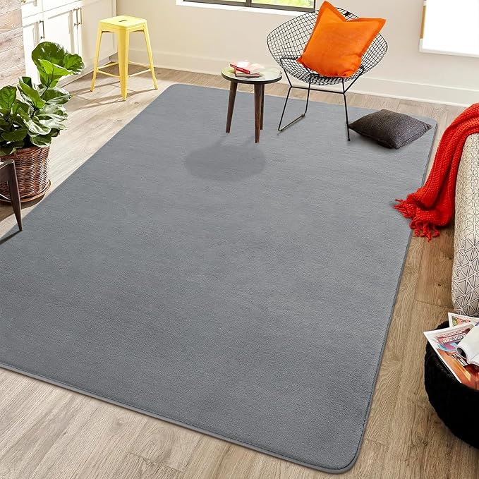 Softlife 4x6 Area Rug for Bedroom Living Room, Solid Grey Non-Slip Fluffy Carpet with Soft Low Pile for Kids Boys Girls, Machine Washable Fuzzy Aethetic Rugs Home Dorm Decor