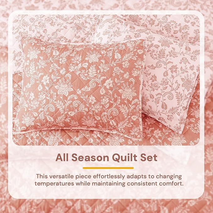 BLOOMHAVEN Quilt Set Queen Size, Clay Pink Floral Quilt Sets, Reversible Bedspread Lightweight and Breathable for All Seasons, Soft Quilted Bedspread with 2 Pillow Shams