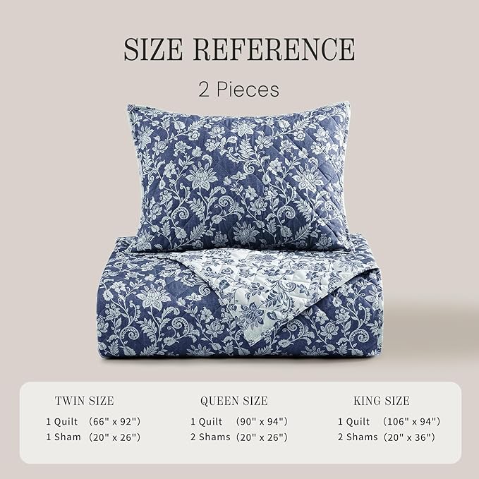 BLOOMHAVEN Quilt Set Twin Size, Oxford Blue Floral Quilt Sets, Reversible Bedspread Lightweight and Breathable for All Seasons, Soft Quilted Bedspread with 1 Pillow Sham