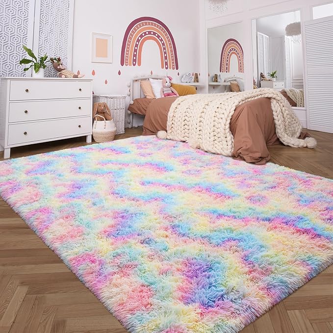 Softlife Area Rug for Living Room, Fluffy Shag Plush 5x8 Rainbow Rugs for Bedroom Girls Kids, Shaggy Soft Fuzzy Tie Dyed Large Carpet for Dorm Bedside Ultra Cozy Non-Slip Indoor Decor