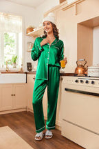 Ekouaer Women's Classic Button Down Long Satin Silk Pajama Set
