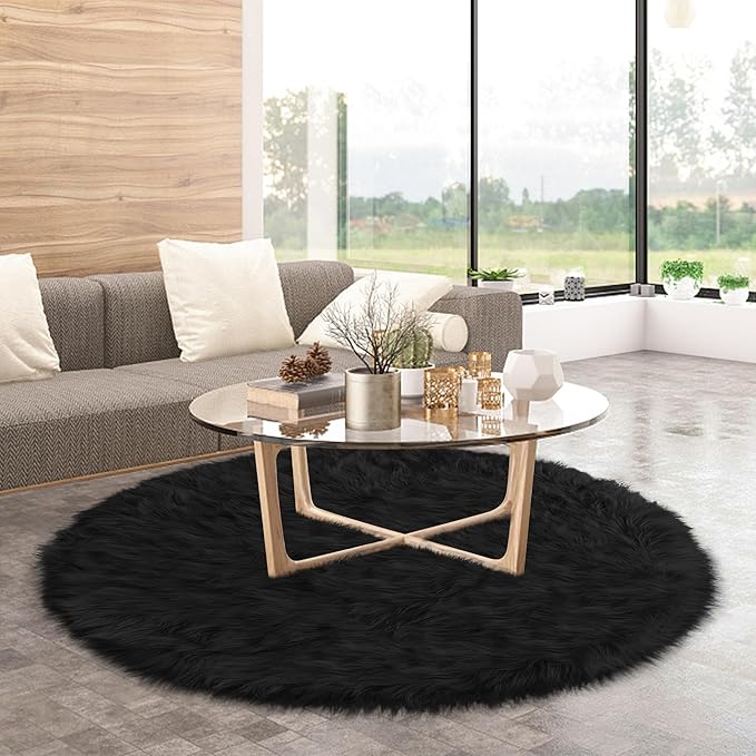 Faux Fur Black Round Rug 4ft for Bedroom, Black Fur Circle Rug Furry Shag Carpet for Living Room Kids Room Teen's Room, Plush Shaggy Circular Rug for Nursery Room Dorm