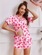 Ekouaer Womens Silk Satin Pajamas Short Sleeve PJS Shorts Set Soft Button Down Sleepwear 2 Piece Loungewear S-5XL