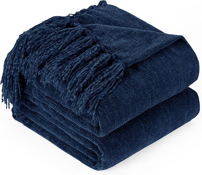 Chenille Throw Blanket for Couch with Tassels,60"X80" Soft Cozy Lightweight Knitted Boho Decorative Blankets for Bed and Sofa,Navy Blue