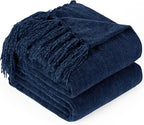 Chenille Throw Blanket for Couch with Tassels,60"X80" Soft Cozy Lightweight Knitted Boho Decorative Blankets for Bed and Sofa,Navy Blue