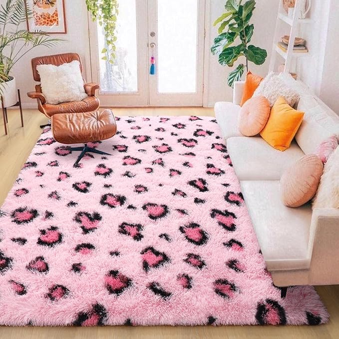 HOMORE Leopard Print Rugs, 4x6 Feet Pink Leopard Rug for Girls Bedroom, Soft Cheetah Print Rugs for Living Room Western Decor, Modern Indoor Fluffy Area Rug for Kids Nursery Dorm Decor