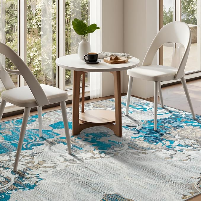 CRYPTOLITE Abstract Area Rug Washable Rug with Non-Slip Backing Low Pile Area Rugs for Living Room, Bedroom, Dining Room,4x6, Blue