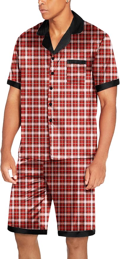 Ekouaer Men Satin Silk Pajamas Set with Pockets Sleepwear Shorts Satin Summer Loungewear 2 Piece Button Down Set S-3XL
