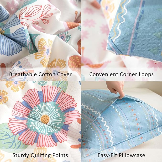 ALEISSEL Blue Floral Cotton Comforter Twin Size - Vibrant Artistic Blooms & Boho Geometric Patterns, White & Soft Blue, 2PC Lightweight Bedding Sets with Down Alternative Fill(68"×90")