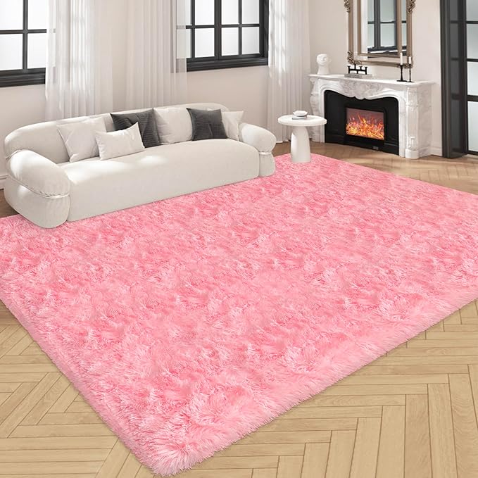 Fluffy Rugs for Living Room 8x10 Feet Pink Fur Rug Soft Shaggy Rug for Bedroom Girls Modern Indoor Furry Floor Carpet Washable Plush Fuzzy Kids Area Rug for Nursery Princess Teen Dorm