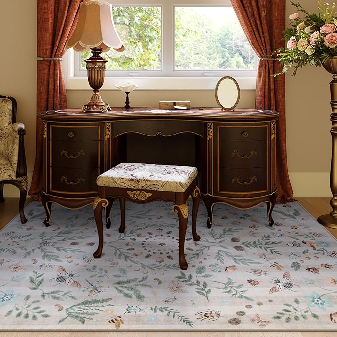 Lahome Chloe Insect Botanical Washable Beige 5x7 Area Rugs for Living Room, Non Slip Rugs for Bedroom, Boho Indoor Throw Dining Room Rugs for Under Table Carpet for Entryway Kitchen Office(Beige,5x7)