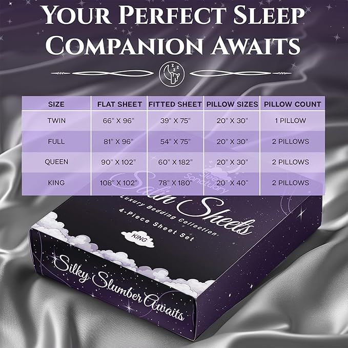 SLEEP SANCTUARY Satin Sheets Twin Size – 3 Piece Luxury Silky Bed Set, Softer Than Silk, 15" Deep Pocket, Cooling & Wrinkle-Free, Moisture-Wicking & Breathable for Hair & Skin (Grey)