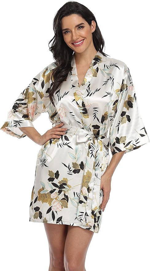 Women's Floral Satin Robes Bride Bridesmaid Getting Ready Robe Short Silky Kimono Sleepwear for Wedding Party