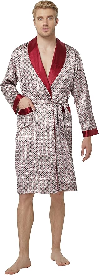 Tony & Candice Men's Satin Robe Lightweight Long Sleeve Silk Kimono Bathrobe with Shorts Set Sleepwear