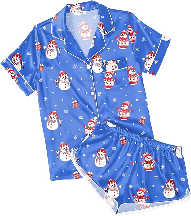 Ekouaer Womens Silk Satin Pajamas Short Sleeve PJS Shorts Set Soft Button Down Sleepwear 2 Piece Loungewear S-5XL