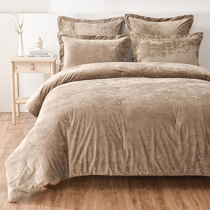 Fredsure Distressed Velvet Comforter Set, 5 Pieces Khaki King, Distressed Velvet Face and Brushed Microfiber Reverse