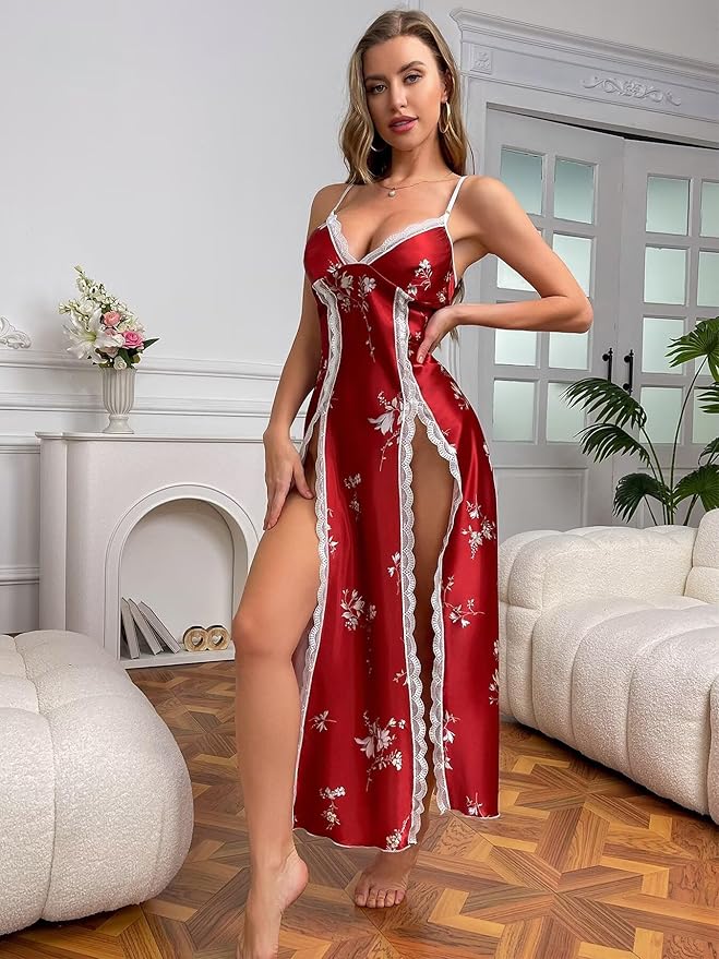CRIPOM Lingerie Dress for Women V Neck Long Sexy Nightgowns for Women Side Split Sexy Night Gowns