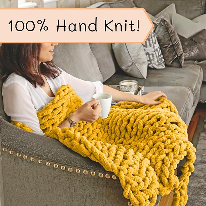 Adyrescia Chunky Knit Blanket Throw | 100% Hand Knit with Jumbo Chenille Yarn (30"x40", Harvest Yellow)