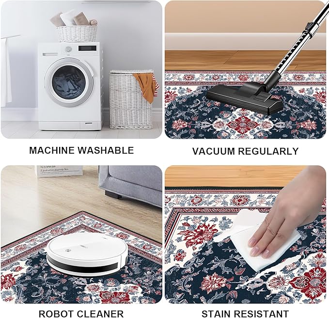 Area Rug 2x3 ft Entry Rug Washable Vintage Boho Rugs Non Slip Low Pile Floral Door Mat Small Carpet for Bedroom, Bedside, Kids Room, Office, Dining Room