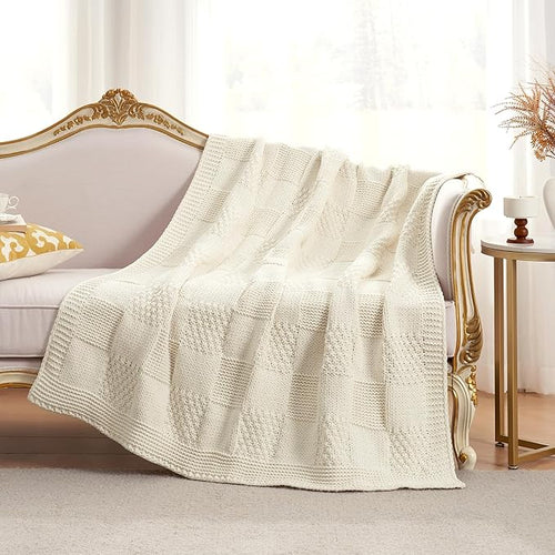 Amélie Home Knit Throw Blanket, Soft Chenille Cozy Breathable Checkered Chunky Decorative Blanket for Couch, Bed & Sofa, French-Inspired Lightweight Warm Gift for Women, Ivory, 60"x80"