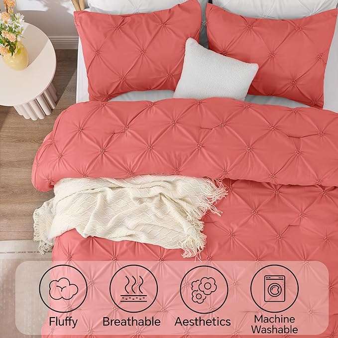 BEDELITE Coral King Size Comforter Set - 3 Pieces Boho Pintuck Bedding Comforter Sets, Lightweight Soft & Warm King Bedding Set with 2 Pillowcases for All Season