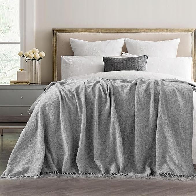 Chenille Throw Blanket for Couch with Tassels,55"X75" Soft Lightweight Knitted Boho Decorative Blankets for Bed and Sofa,Light Grey