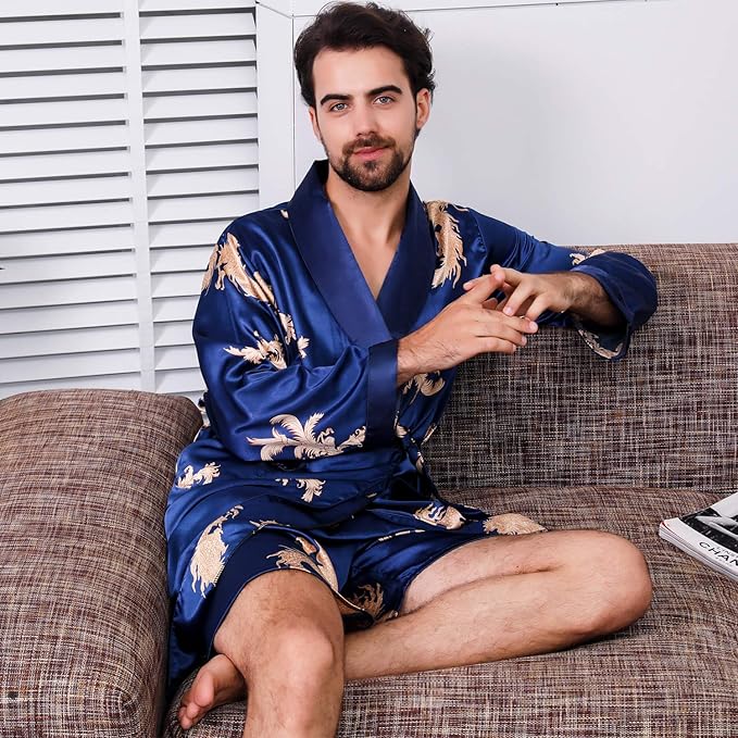 Mens Satin Robe,Silk Long Sleeve House Kimono Bathrobe,Soft Loungewear Dragon Robe