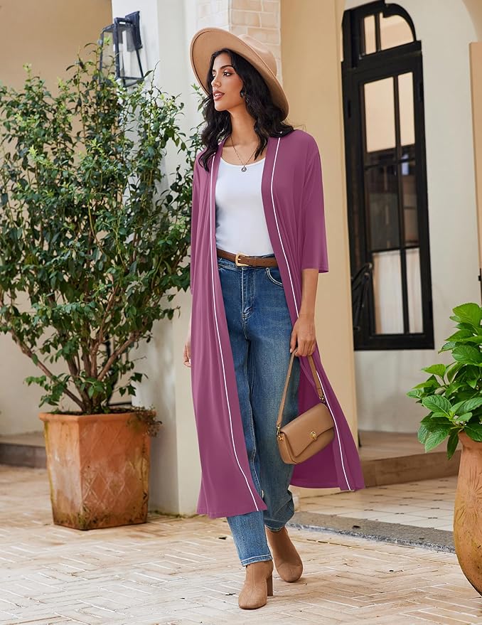 Ekouaer Robes for Women Long Knit Bathrobe Lightweight 3/4 Sleeves Kimono Robe Soft Sleepwear with Pockets S-XXL