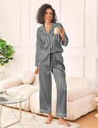 Ekouaer Womens Silk Satin Pajama Sets 2 Piece Sleepwear Pjs Set Long Sleeve Button Down Top and Pants Stripe Loungewear S-XXL