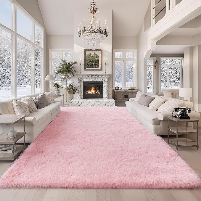 Shag Pink Rug 9x12 Area Rugs for Bedroom Living Room - Non Slip Ultra Soft Large Fluffy Fuzzy Shag Plush Shaggy Furry Rug for Dorm Kids Room Nursery Playroom, Home Office Big Modern Carpet