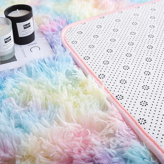 Noahas Fluffy Rainbow Rugs for Bedroom Girls,2x4 Shag Pink Kids Room Rug,Shaggy Area Rugs for Living Room,Soft Fuzzy Colorful Playroom Nursery Dorm Carpets Room Decor