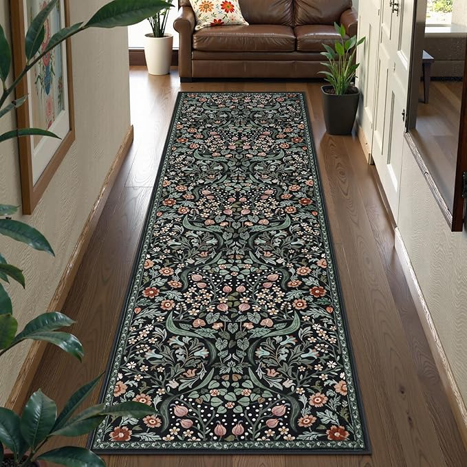 Lahome Claude Floral Washable Runner Rug, 2.6x8 Black Runners for Hallways Non Slip, Soft Low Pile Stain Resistant Kitchen Runner with Rubber Backing, Boho Thin Long Carpet for Entrance Laundry